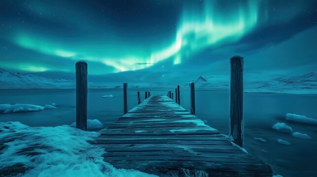 Northern lights appearing above an old wooden pier in the Arctic - Powered by Adobe