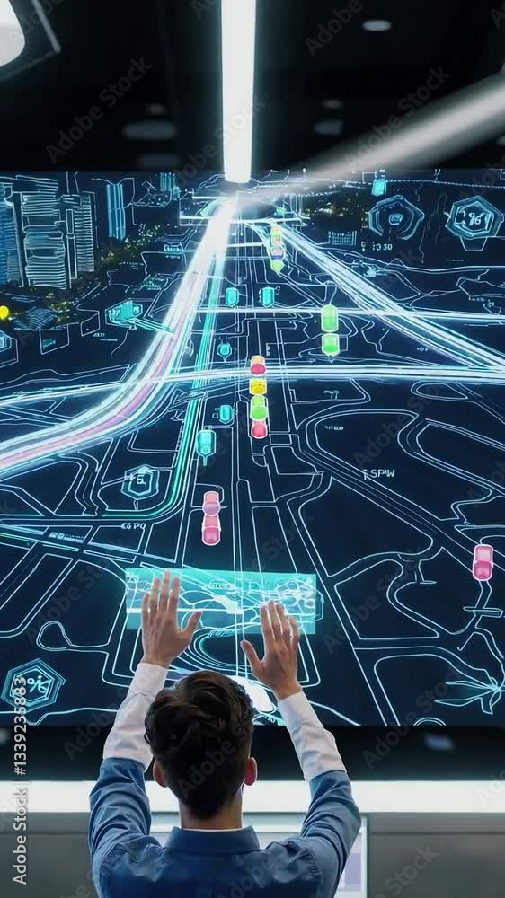 Poster futuristic navigation interface controlled by gesture for urban planning and smart city development