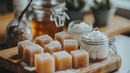 Sugar varieties on wooden board showcasing white and brown sugar with sugar cubes, highlighting natural sweeteners and culinary elements