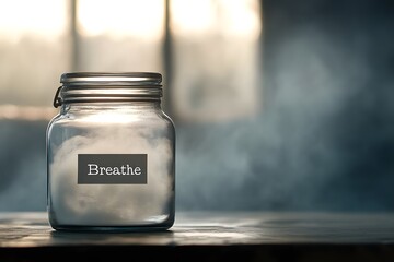 Glass Jar Containing White Smoke with a 'breathe' Label Prominently Displayed