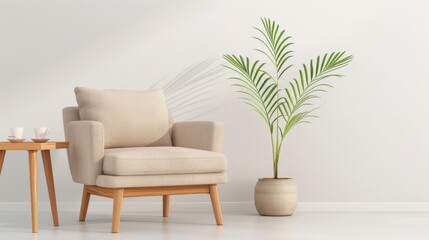 Cozy Living Room Setting with Armchair and Potted Plant in Sunlight