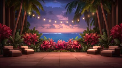 Fototapeta premium Serene Tropical Setting with Sunset View and Ambient Lighting