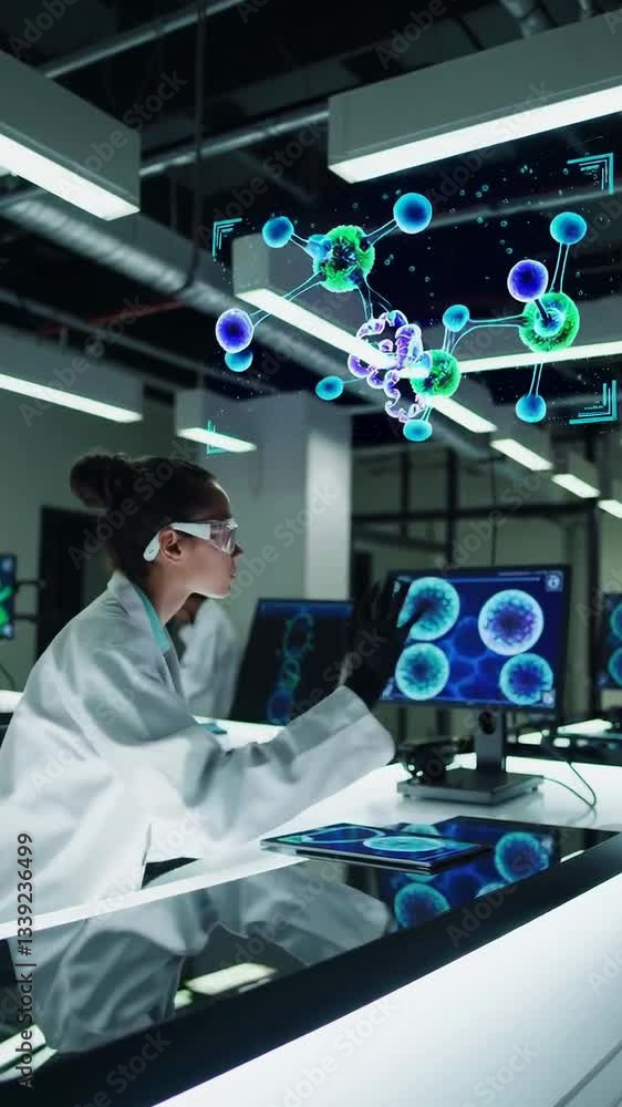 Poster scientist engaging with futuristic holographic interface in modern laboratory setting