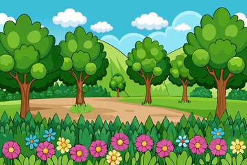 Scenic Illustration: a vibrant scene of a picturesque landscape, with lush greenery and blossoming flowers. a cheerful illustration of the road to hope and happy feelings