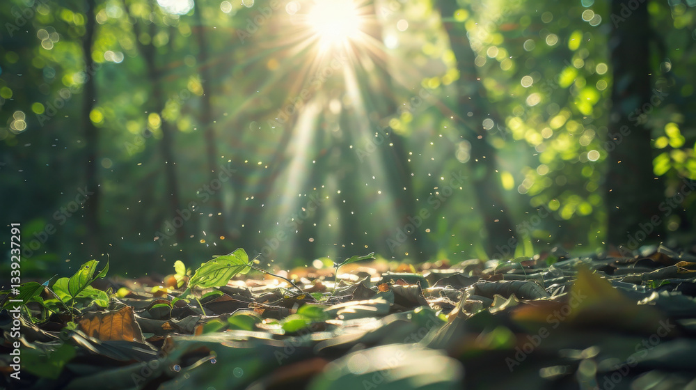 Poster serene forest scene with sunlight filtering through trees, illuminating floating particles. ground is covered with leaves and greenery
