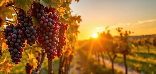 Golden hour sunset bathes ripe grapes hanging heavy on autumn vineyard vines, season, ripe