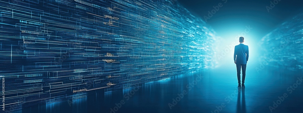 Poster man in suit walking towards futuristic light with data streams