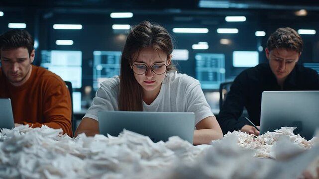 Focused individuals working on laptops amidst scattered papers in a modern office environment