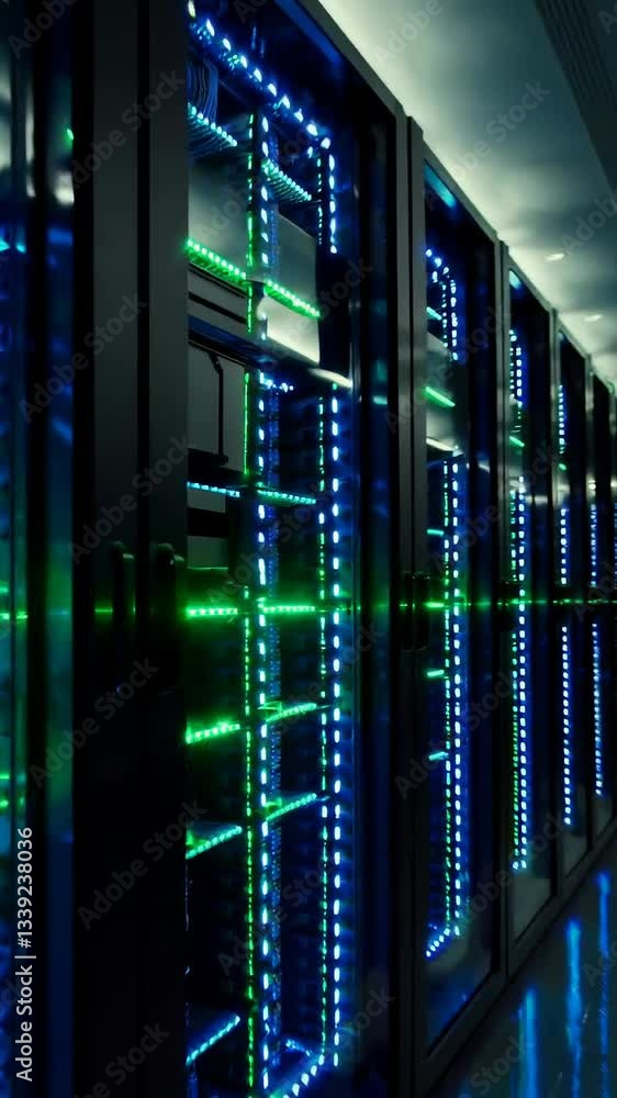 Poster glowing data center corridor with flickering server lights and reflections