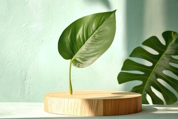 Wood podium and palm branch with shadows on a wall. Concept scene stage showcase for new product, promotion sale, banner