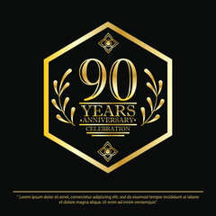 Naklejka premium 90th years anniversary celebration emblem. black anniversary logo isolated with hexagon geometric badge frame and laurel wreath. vector illustration template design 