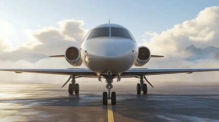 Private jet parked on tarmac, mountain background, travel