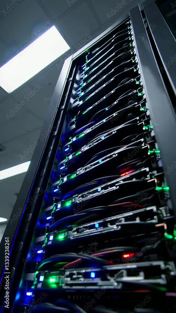 Poster dynamic closeup of data center server racks with flickering led lights