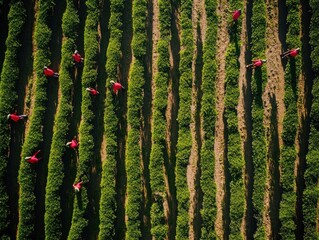 Fototapeta premium Aerial View: Farmworkers Harvesting Green Crop.