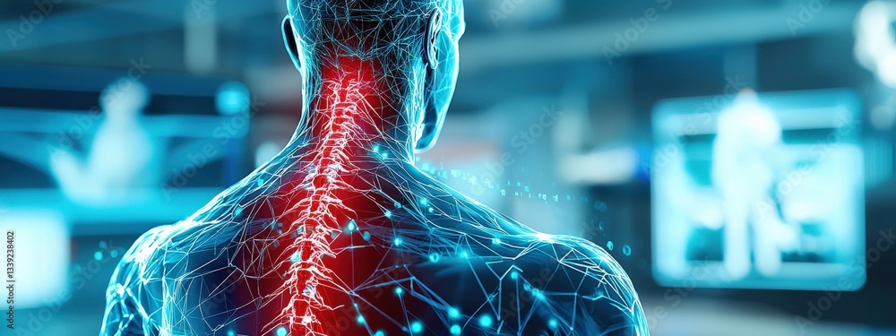 Poster human anatomy visualization of spine with neural network elements