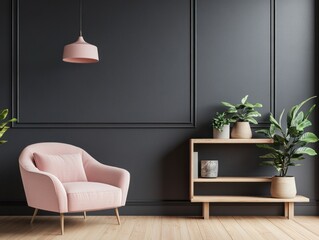An elegant interior design with modern chair and plants displays