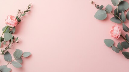 Fototapeta premium Floral arrangement on soft pink backdrop, vibrant greenery and blossoms framing a blank space for text or design.