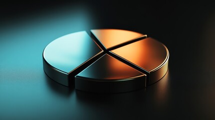 A modern D pie chart with smooth, metallic segments, displayed on a polished black surface with soft lighting accents