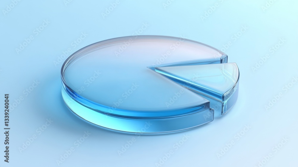 Aufkleber a simple d pie chart with glass-like translucent segments, displayed on a soft blue gradient backgro