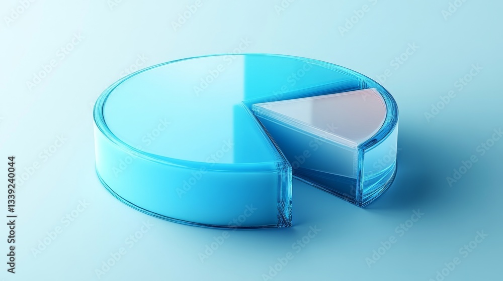 Poster a simple d pie chart with glass-like translucent segments, displayed on a soft blue gradient backgro