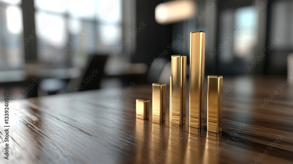 Poster a simple yet elegant d bar graph with gold bars, standing on a polished wooden surface with a blurre