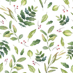 Square seamless pattern with fresh green leaves, branches of various plants and red berries. Textile and wrapping paper pattern template