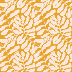 Abstract seamless pattern with leaves palm in Matisse style. Vector hand drawn print with scandinavian cut out elements. Vector endless illustration for paper, cover, fabric, interior decor.