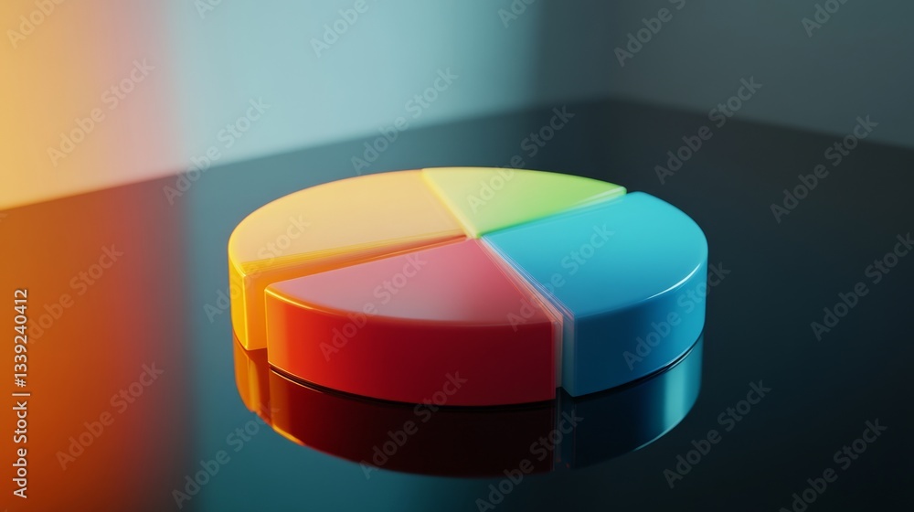 Aufkleber a smooth d pie chart with gradient color transitions, standing on a reflective black surface with so
