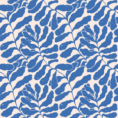 Blue abstract seamless pattern with leaves palm in Matisse style. Vector hand drawn print with scandinavian cut out elements. Vector endless illustration for paper, cover, fabric, interior decor.