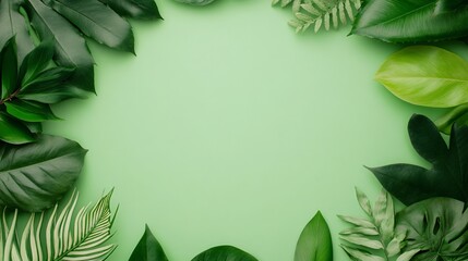 Lush green foliage framing a blank space, vibrant tropical leaves creating a serene natural background for text.
