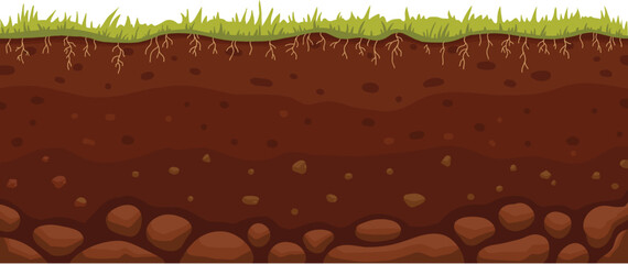 Seamless soil layer. Layered dirt clay, ground layer with stones and grass on dirts cliff texture, underground buried rock, archeology landscape cartoon vector pattern isolated icon for your design © lupascoroman