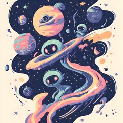 Fototapeta premium Whimsical Pastel Aliens in a Cosmic Pixel Art Scene