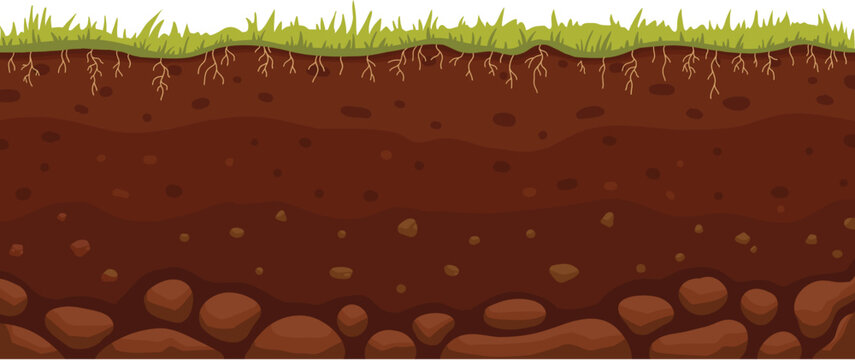 Seamless soil layer. Layered dirt clay, ground layer with stones and grass on dirts cliff texture, underground buried rock, archeology landscape cartoon vector pattern isolated icon for your design