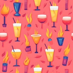 Pixel Art Cocktail Pattern Flaming Drinks and Autumn Leaves on Coral
