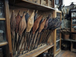 Collection of antique parasols, arranged neatly on a wooden shelf in a vintage shop, offering a glimpse into a bygone era.