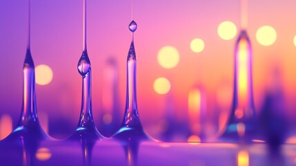 Colorful droplets suspended in air against a blurred sunset backdrop, creating a serene atmosphere