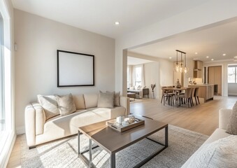 Modern open concept living area with dining and kitchen spaces