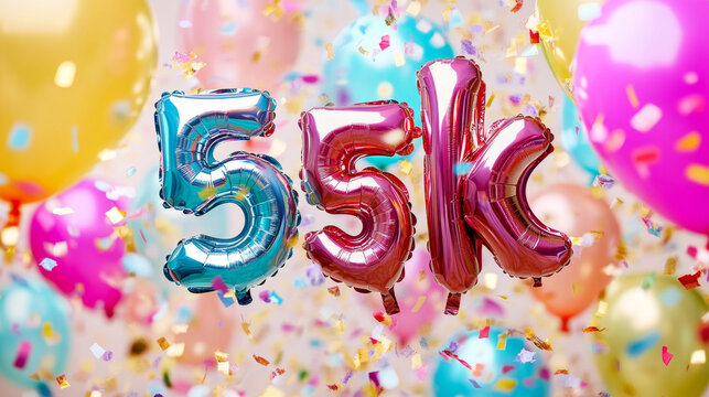 55K Subscribers Celebration Banner with Balloons and Confetti