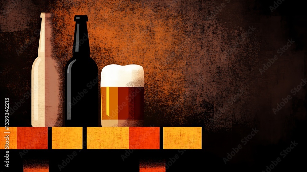Aufkleber two bottles and a full beer glass stand on a shelf against a textured orange wall, creating a simple