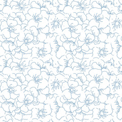 Line flowers blue vector seamless pattern. Design for decoration, wall decor, wallpaper, cover