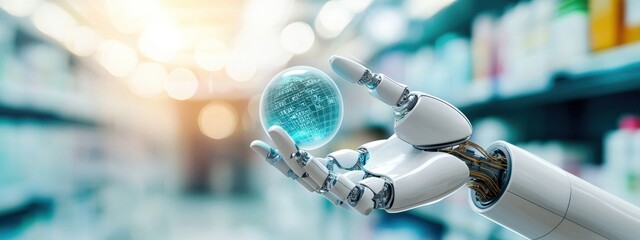 Futuristic Robot Hand Holding a Digital Sphere in a Store Environment