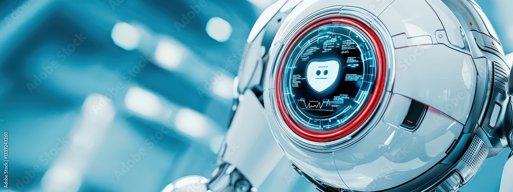 Poster futuristic robot design with digital interface and blue background