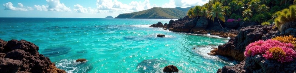 Sun-drenched coral reef, turquoise water laps volcanic rocks, underwater, pattern