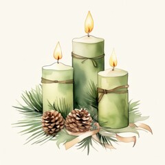 holiday candles painted in watercolor, sage green and beige colors
