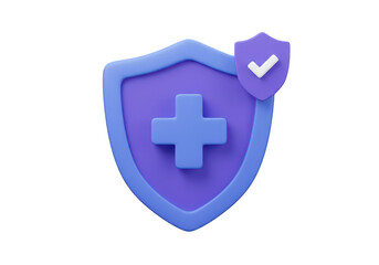 Obraz premium A 3D illustration of a security shield in blue and purple tones with a plus symbol in the center isolated on transparent background
