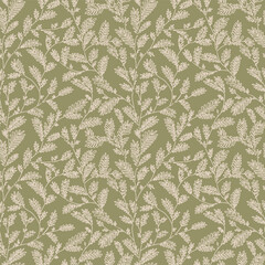 Seamless vector line leaf and twig pattern on green background. Hand drawn floral botanical wallpaper. Vector illustration.