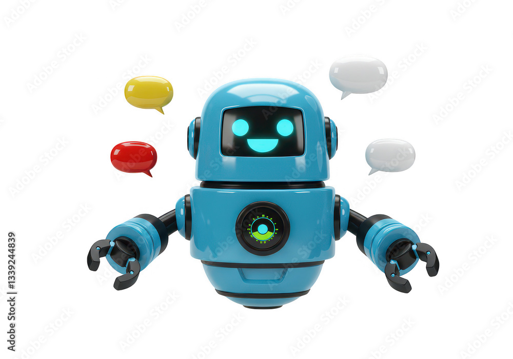 Poster a 3d illustration of a friendly blue robot with a digital smiling face isolated on transparent backg