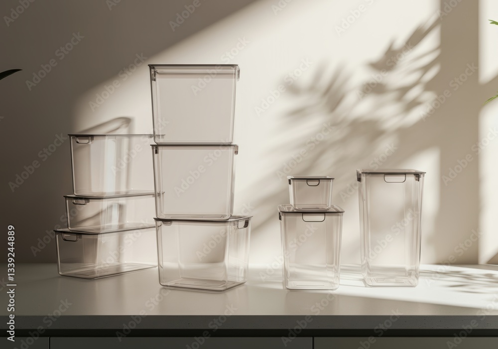 Poster stack of clear storage containers on a minimalist shelf with soft shadows