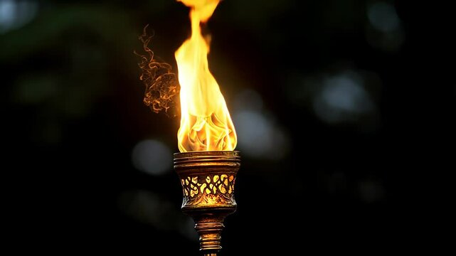 Bright flame flickers atop an ornate torch held in a darkened environment