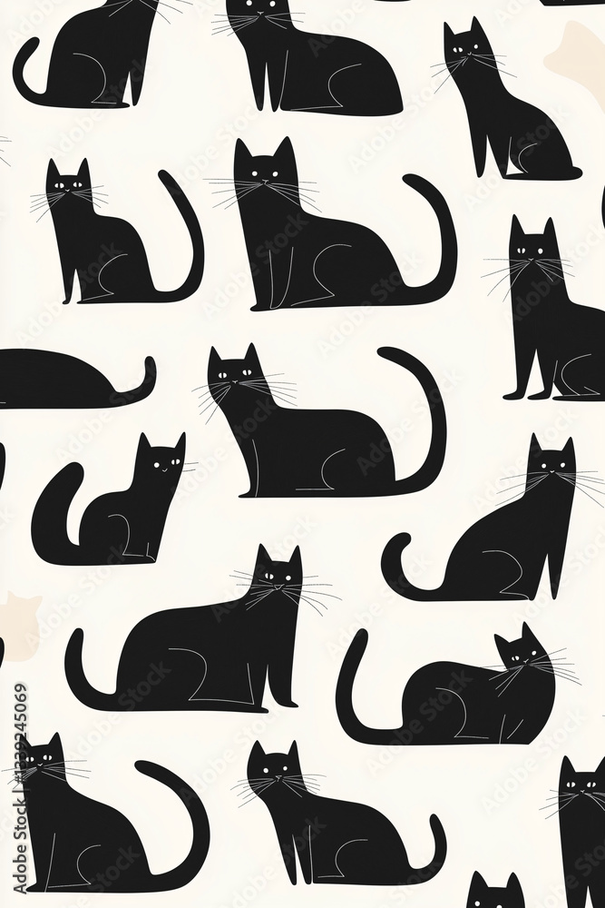 Poster black cat pattern: an artistic, whimsical pattern showcases numerous stylized black cats against a s
